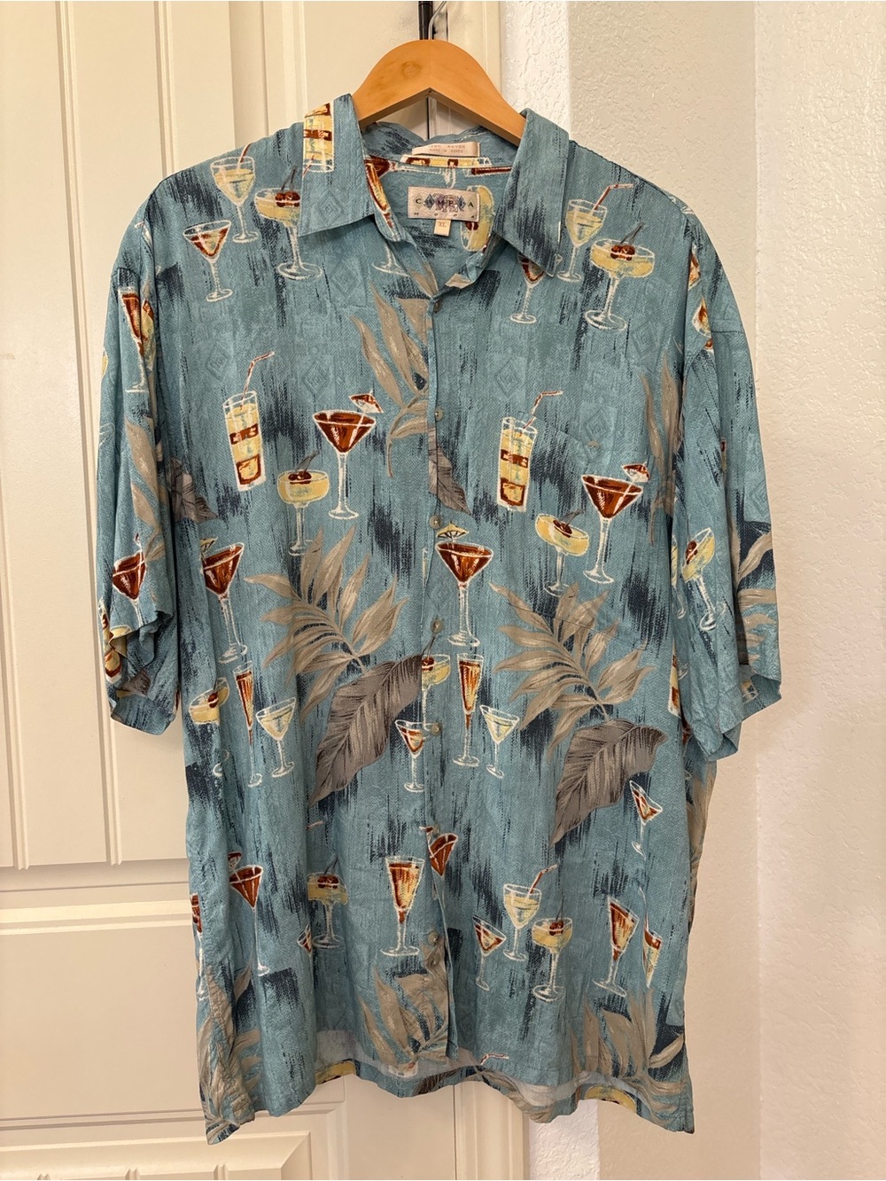 Vintage Campia Moda Hawaiian‎ Shirt XL Blue Tropical Cocktail Print Rayon Aloha